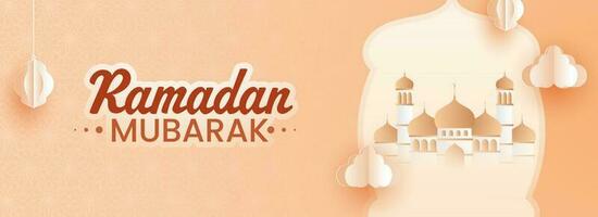 Ramadán Mubarak concepto con mezquita ilustración, papel cortar linternas colgar y nubes en naranja antecedentes. vector