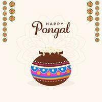 Happy Pongal Celebration Concept With Mud Pot Full Of Traditional Dish Rice And Flower Garland On Pastel Pink Mandala Pattern Background. vector