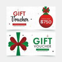 Set Of Gift Voucher Template Layout With Bauble Hang, Bow Ribbon In White Color. vector