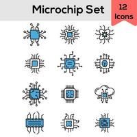 Flat Style Microchip Icon Set In Blue And White Color. vector