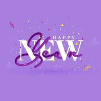 Happy New Year Font With Confetti, Snowflakes On Purple Bokeh Blurred Background. vector