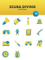 Scuba Diving Icon Set In Blue And Yellow Color. vector