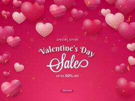Valentine's Day Sale Poster Design With Discount Offer, Glossy Hearts And Golden Confetti On Pink Background. vector