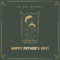 Happy Father's Day Greeting Card With Line Art Man Hugging His Son On Olive Stripes Background. vector