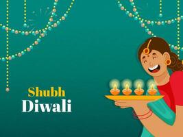 Happy Diwali Concept With Indian Young Woman Holding Plate Of Lit Oil Lamps On Green Background. vector