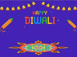 Colorful Happy Diwali Text With Fireworks Rockets, Rangoli Or Mandala Pattern And Lighting Garland On Violet Background. vector