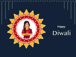 Happy Diwali Celebration Concept With Indian Beautiful Woman Holding Lit Oil Lamp And Mandala Frame On Blue Background. vector