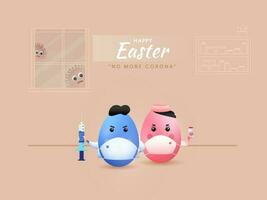 Cartoon Eggs Wearing Medical Mask With Vaccine On Beige Interior Background For No More Corona. vector