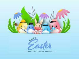 Happy Easter Concept With Cartoon Eggs Sweeper, Doctor, Delivery Boy, Nurse And Rabbit On Blue Background For Thank You Corona Warriors. vector