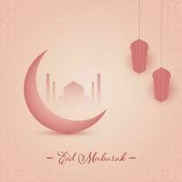 Eid Mubarak Concept With Crescent Moon, Silhouette Mosque And Hanging Lanterns On Pink Islamic Pattern Background. vector