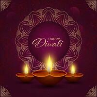 Happy Diwali Poster Design With Realistic Lit Oil Lamps And Mandala Pattern On Purple Background. vector