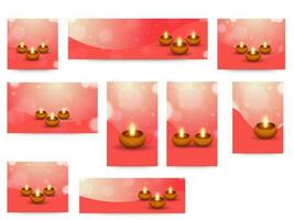 Social Media Posts And Banner Set With Illuminated Oil Lamps On Peach Bokeh Background. vector