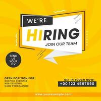 We Are Hiring Join Our Team Poster Design With Position, Contact Information On Yellow Rays Background. vector