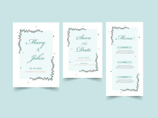 Wedding Invitation Card Like As Save The Date, Menu Template Layout On Blue Background.