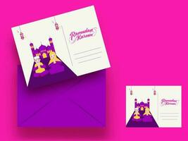 Front And Back View Of Ramadan Kareem Greeting Card With Editable Envelope On Pink Background. vector