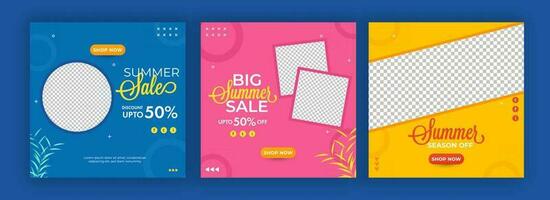 Summer Sale Posts Or Template Design With Discount Offer And Space For Image In Three Color Options. vector