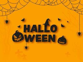 Black Halloween Text With Witch Hat, Scary Pumpkins, Bats Flying And Spider Web On Orange Background. vector