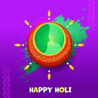 Top View Mud Pot Full Of Liquid Color On Purple Background For Happy Holi Celebration. vector