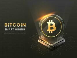 Smart Bitcoin Mining Concept With 3D Chip Illustration On Black Background. vector