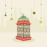 Arabic Lantern With Stars Hang On Beige Silhouette Mosque Background And Space For Your Message. vector