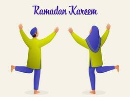 Ramadán kareem fuente con espalda ver de musulmán joven chico y niña personaje en antecedentes. vector