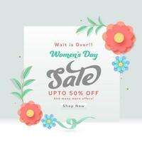 For Women's Day Sale Poster Design Decorated With Paper Flowers And Leaves. vector