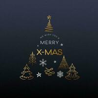 Wishing You A Merry Xmas Message With Golden Line Art Christmas Tree In Various Type On Dark Gray Background. vector