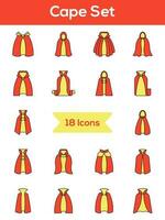 Illustration of Red And Yellow Color Cape Icon Set in Flat Style. vector