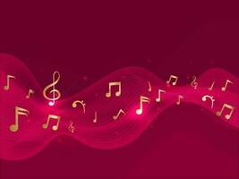 Golden Music Notes With Lights Effect On Red Abstract Wave Motion Background. vector