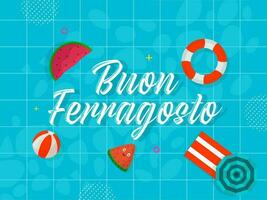 Buon Ferragosto Font With Beach Elements On Blue Grid Pattern Or Swimming Pool Background. vector