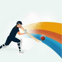 Character Of Batsman Player Hitting The Ball And Noise Effect Wavy On White Halftone Background. vector