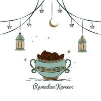 Ramadán kareem concepto con cuenco lleno de fechas, Arábica linternas, estrellas, creciente Luna colgar en blanco antecedentes. vector