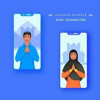 musulmán hombre y mujer haciendo namaste mediante teléfono inteligente en azul antecedentes para Ramadán mubarak, permanecer conectado. vector