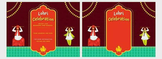 Lohri Celebration Invitation Cards Or Poster Design With Punjabi Couple Doing Folk Dance And Bonfire In Two Options. vector