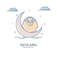 Eid-Ul-Adha Mubarak Concept With Crescent Moon, Cartoon Sheep And Clouds On White Background. vector