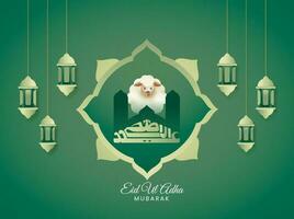 Arabic Calligraphy Of Eid Ul Adha Mubarak With Cartoon Sheep, Silhouette Mosque And Lanterns Hang On Green Background. vector