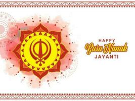 Happy Guru Nanak Jayanti Font With Khand Over Floral Pattern And Red Watercolor Effect On White Background. vector