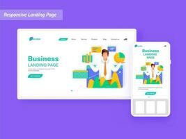 Responsive Landing Page Design With Business Analyst Managing Or Balancing Data On White Background. vector