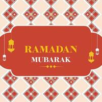 Ramadan Mubarak Concept With Lanterns Hang On Red And Pink Rhombus Floral Pattern Background. vector