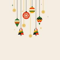 vistoso Navidad adornos con Navidad árbol, copos de nieve colgar en melocotón antecedentes y Copiar espacio. vector