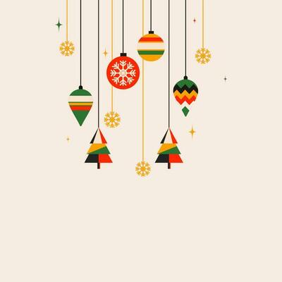 Colorful Christmas Baubles With Xmas Tree, Snowflakes Hang On Peach Background And Copy Space.