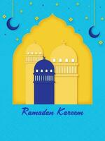 Ramadan Kareem Greeting Card With Paper Cut Mosque, Flowers, Crescent Moon Hang On Yellow And Blue Islamic Pattern Background. vector