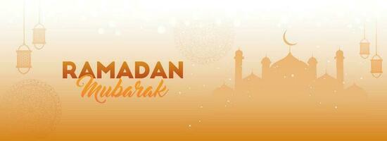 Ramadan Mubarak Concept With Silhouette Mosque And Lanterns Hang On Glossy Orange Bokeh Light Effect Background. vector