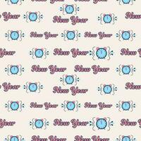 Seamless Pattern Of New Year Font With Alarm Clock On Pink Background. vector