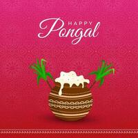 Happy Pongal Celebration Concept With Traditional Dish In Mud Pot, Sugarcane On Gradient Pink And Red Mandala Pattern Background. vector