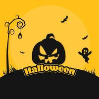 Sticker Style Halloween Text With Jack-O-Lantern, Ghost, Bats Flying On Black And Yellow Background. vector