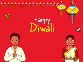 Indian Couple Doing Namaste Welcome And Hold Oil Lamp Plate On The Occasion Of Happy Diwali Celebration. vector