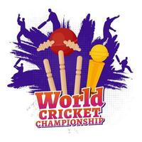 Sticker Style World Cricket Championship Text With Silhouette Players, Ball Hitting Wicket Stumps, Trophy Cup And Purple Brush Stroke On White Background. vector