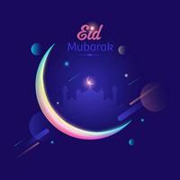 Eid Mubarak Celebration Concept With Gradient Crescent Moon And Mosque On Abstract Purple Background. vector