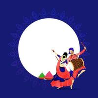 ilustración de indio Pareja ejecutando danza con dhol instrumento, polvo en bochas y vacío blanco circular marco en azul antecedentes. vector